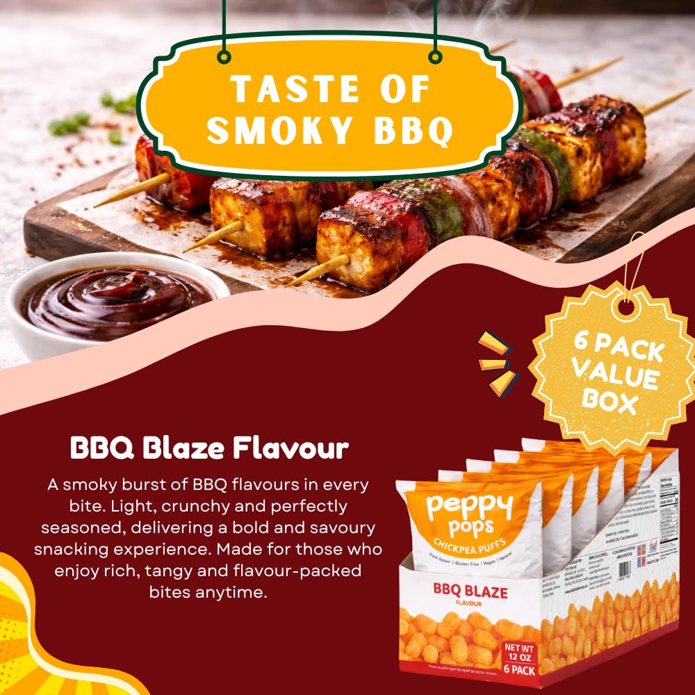 Peppy Pops Chickpea Puffs BBQ Blaze Flavor - 6 Pack, 12 oz | Smoky Barbecue Flavored High Protein Snacks | Healthy Alternative to Chips, Better-for-You Crunchy Snack with 6g Protein Per Bag