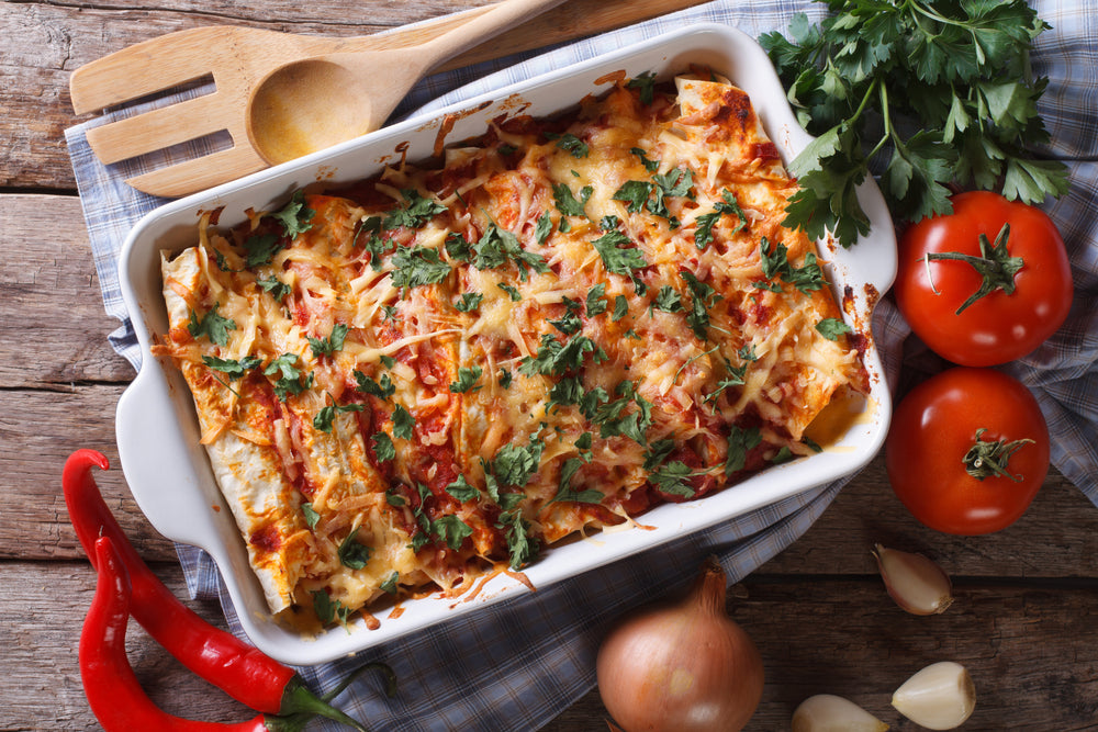 Red Quinoa and Corn Enchilada Bake