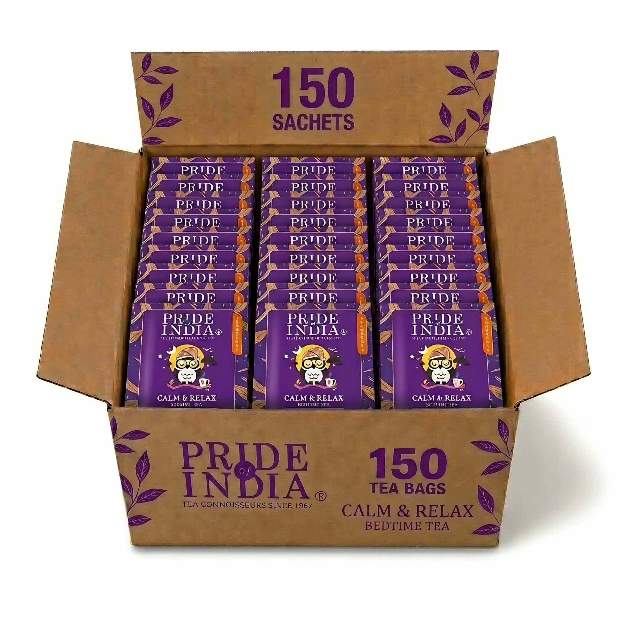 Pride of India Calm & Relax Bedtime Tea - 150 Individually Wrapped Full Leaf Pyramid Tea Bags | Herbal White Tea Bulk Pack for Food Service, Cafes, Hotels, Offices & Daily Tea Drinkers