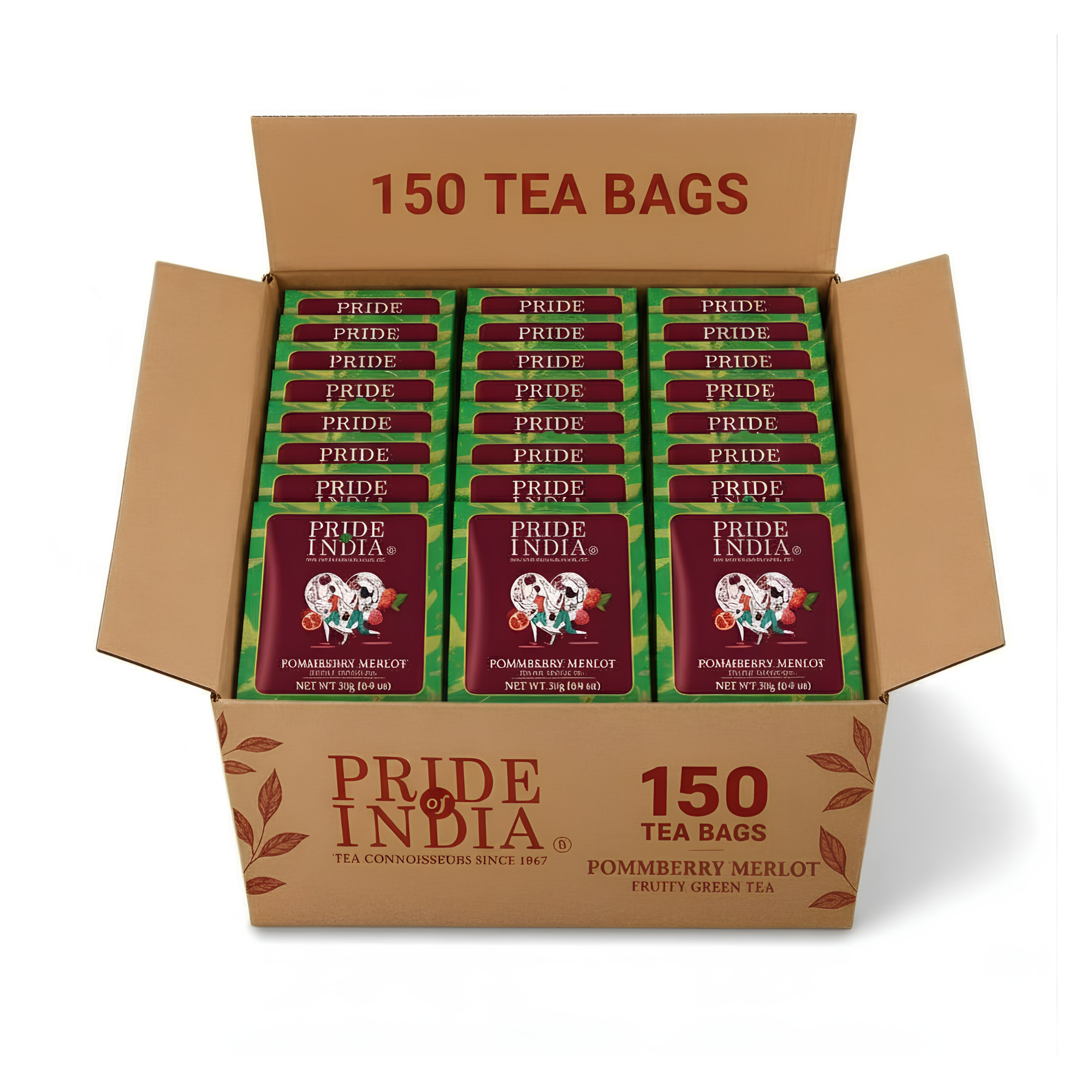 Pride of India Pommberry Merlot Green Tea - 150 Individually Wrapped Full Leaf Pyramid Tea Bags | Fruity Green Tea Bulk Pack for Food Service, Cafes, Hotels, Offices & Daily Tea Drinkers