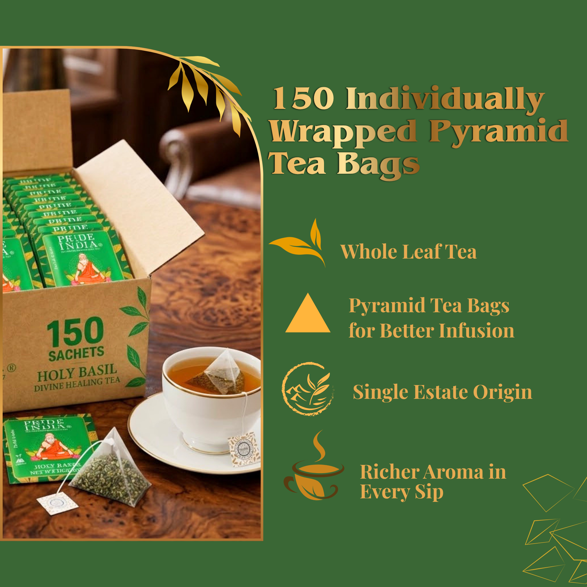 Pride of India Holy Basil Herbal Tea - 150 Individually Wrapped Full Leaf Pyramid Tea Bags | Tulsi Tea Bulk  Pack for Food Service, Cafes, Hotels, Offices & Daily Tea Drinkers