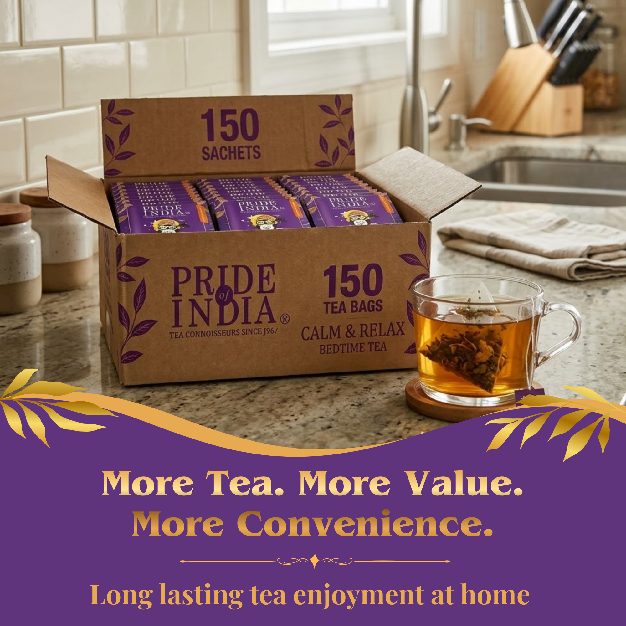 Pride of India Calm & Relax Bedtime Tea - 150 Individually Wrapped Full Leaf Pyramid Tea Bags | Herbal White Tea Bulk Pack for Food Service, Cafes, Hotels, Offices & Daily Tea Drinkers