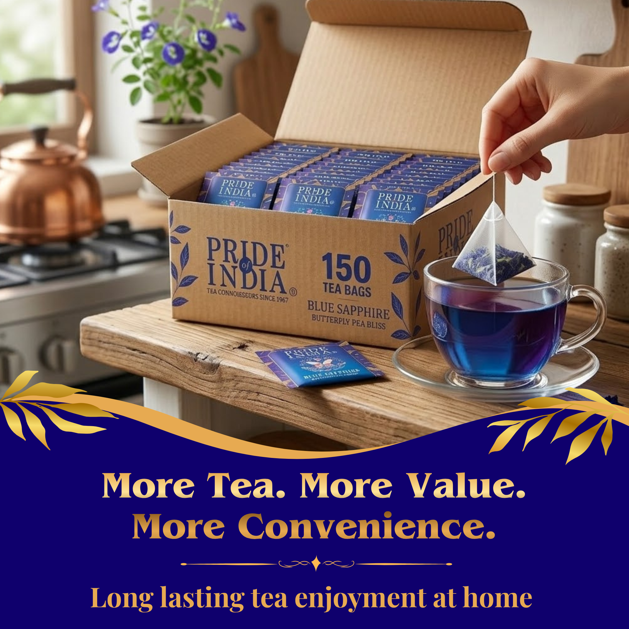 Pride of India Blue Sapphire Herbal Tea - 150 Individually Wrapped Full Leaf Pyramid Tea Bags | Butterfly Pea Flower Tea Bulk Pack for Food Service, Cafes, Hotels, Offices & Daily Tea Drinkers