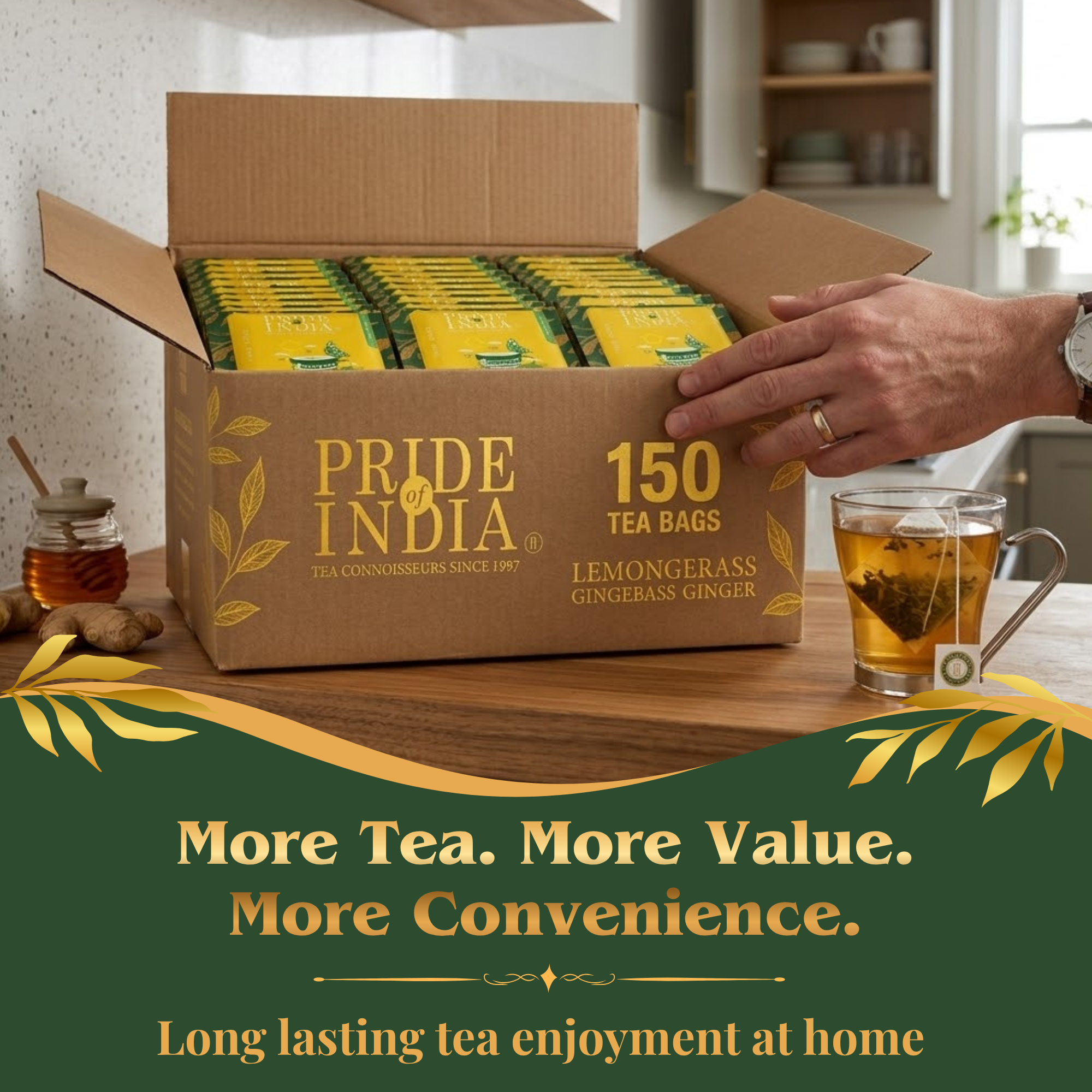 Pride of India Lemongrass Ginger Herbal Tea - 150 Individually Wrapped Full Leaf Pyramid Tea Bags | Refreshing Tea Bulk Pack for Food Service, Cafes, Hotels, Offices & Daily Tea Drinkers