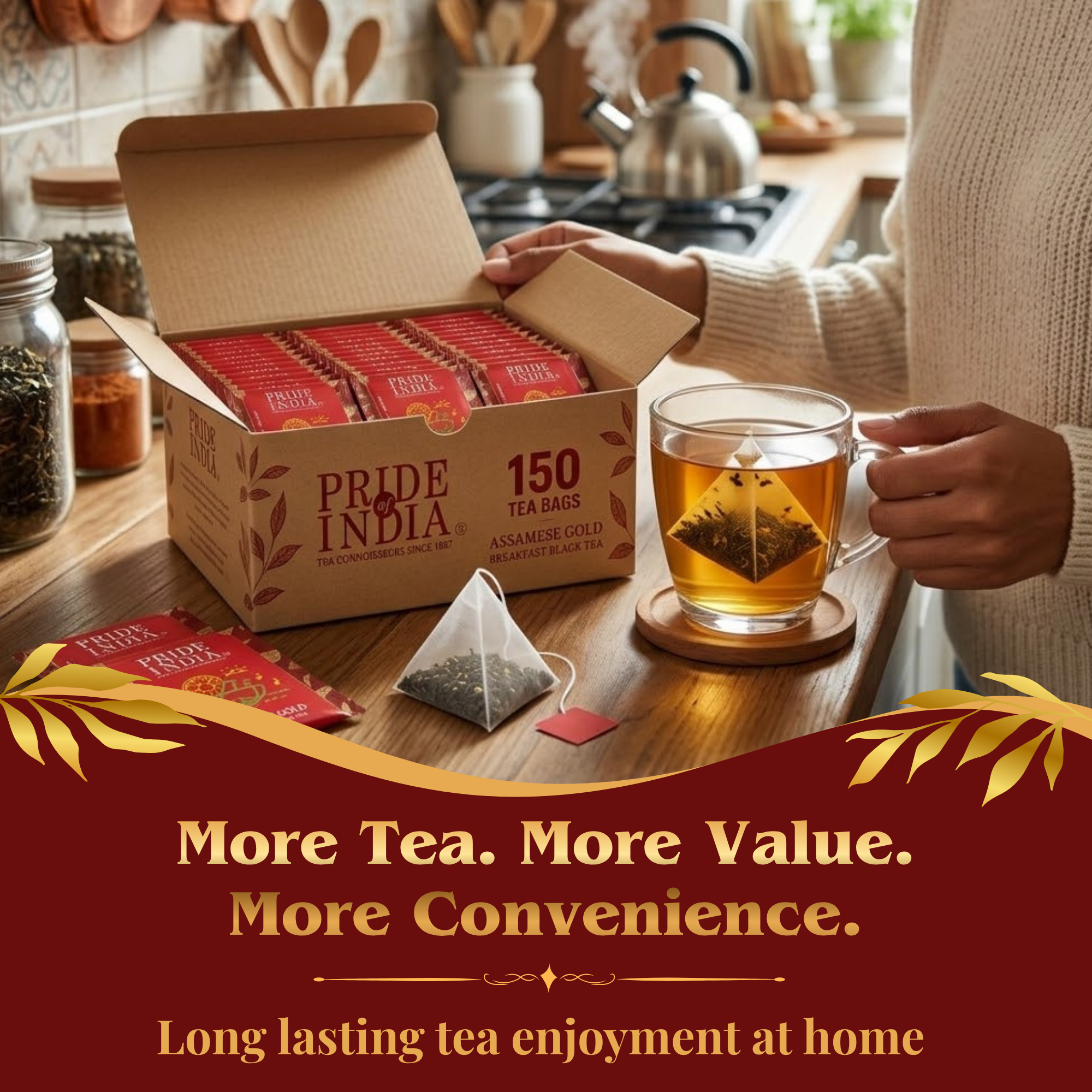 Pride of India Assamese Gold Black Tea - 150 Individually Wrapped Full Leaf Pyramid Tea Bags | Bulk Pack for Food Service, Restaurants, Cafes, Hotels, Offices & Daily Tea Drinkers