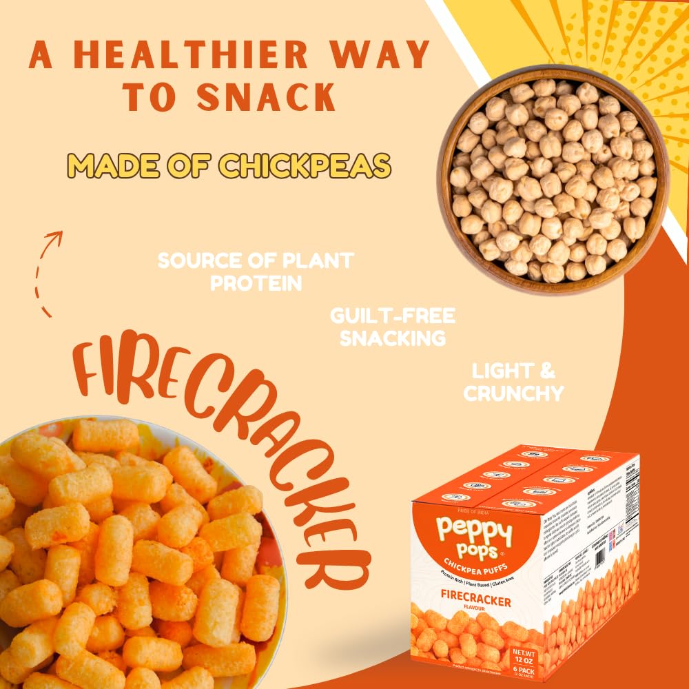 Peppy Pops Chickpea Puffs Firecracker Flavor - 6 Pack, 12 oz | Spicy Schezwan High Protein Snacks | Crunchy Better-for-You Snack and Healthy Alternative to Chips with 6g Protein Per Bag