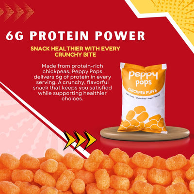 Peppy Pops Chickpea Puffs Pizza Party Flavor - 6 Pack, 12 oz | Classic Pizza Flavored High Protein Snacks | Healthy Alternative to Chips and Better-for-You Crunchy Snack with 6g Protein Per Bag