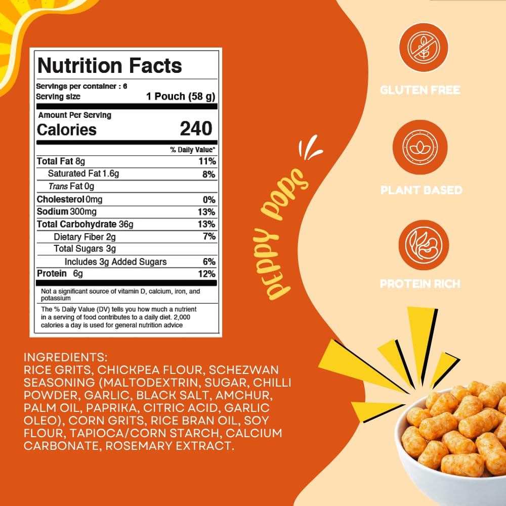 Peppy Pops Chickpea Puffs Firecracker Flavor - 6 Pack, 12 oz | Spicy Schezwan High Protein Snacks | Crunchy Better-for-You Snack and Healthy Alternative to Chips with 6g Protein Per Bag