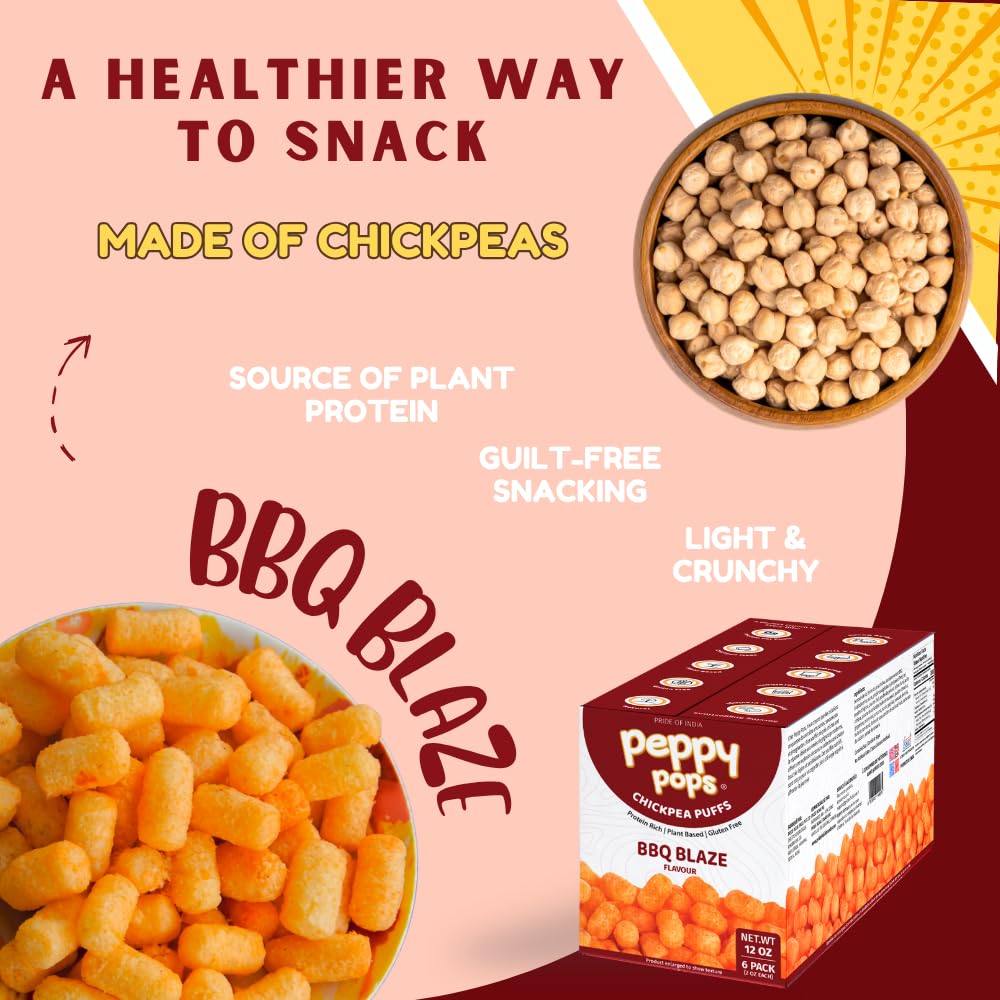 Peppy Pops Chickpea Puffs BBQ Blaze Flavor - 6 Pack, 12 oz | Smoky Barbecue Flavored High Protein Snacks | Healthy Alternative to Chips, Better-for-You Crunchy Snack with 6g Protein Per Bag