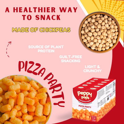 Peppy Pops Chickpea Puffs Pizza Party Flavor - 6 Pack, 12 oz | Classic Pizza Flavored High Protein Snacks | Healthy Alternative to Chips and Better-for-You Crunchy Snack with 6g Protein Per Bag