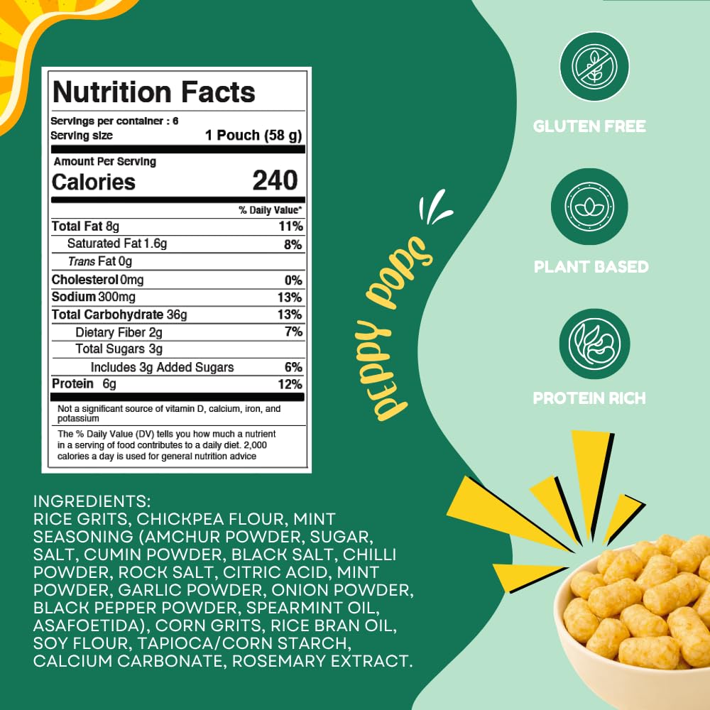 Peppy Pops Chickpea Puffs Cool Zest Flavor - 6 Pack, 12 oz | Refreshing Mint Flavored High Protein Snacks | Healthy Alternative to Chips and Better-for-You Crunchy Snack with 6g Protein Per Bag