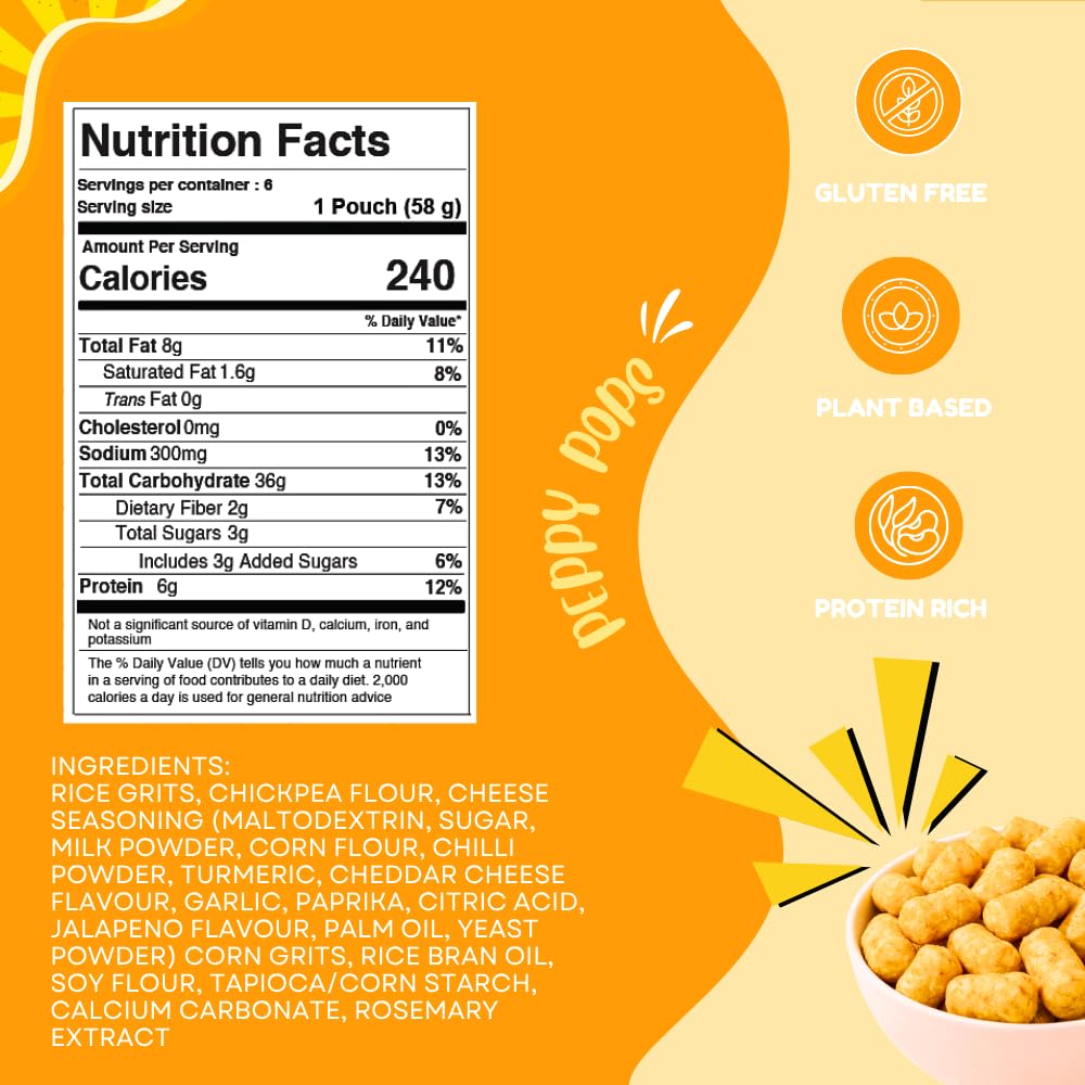 Peppy Pops Chickpea Puffs Cheese Blast Flavor - 6 Pack, 12 oz | Cheesy High Protein Snacks | Crunchy Better-for-You Snack and Healthy Alternative to Chips with 6g Protein Per Bag