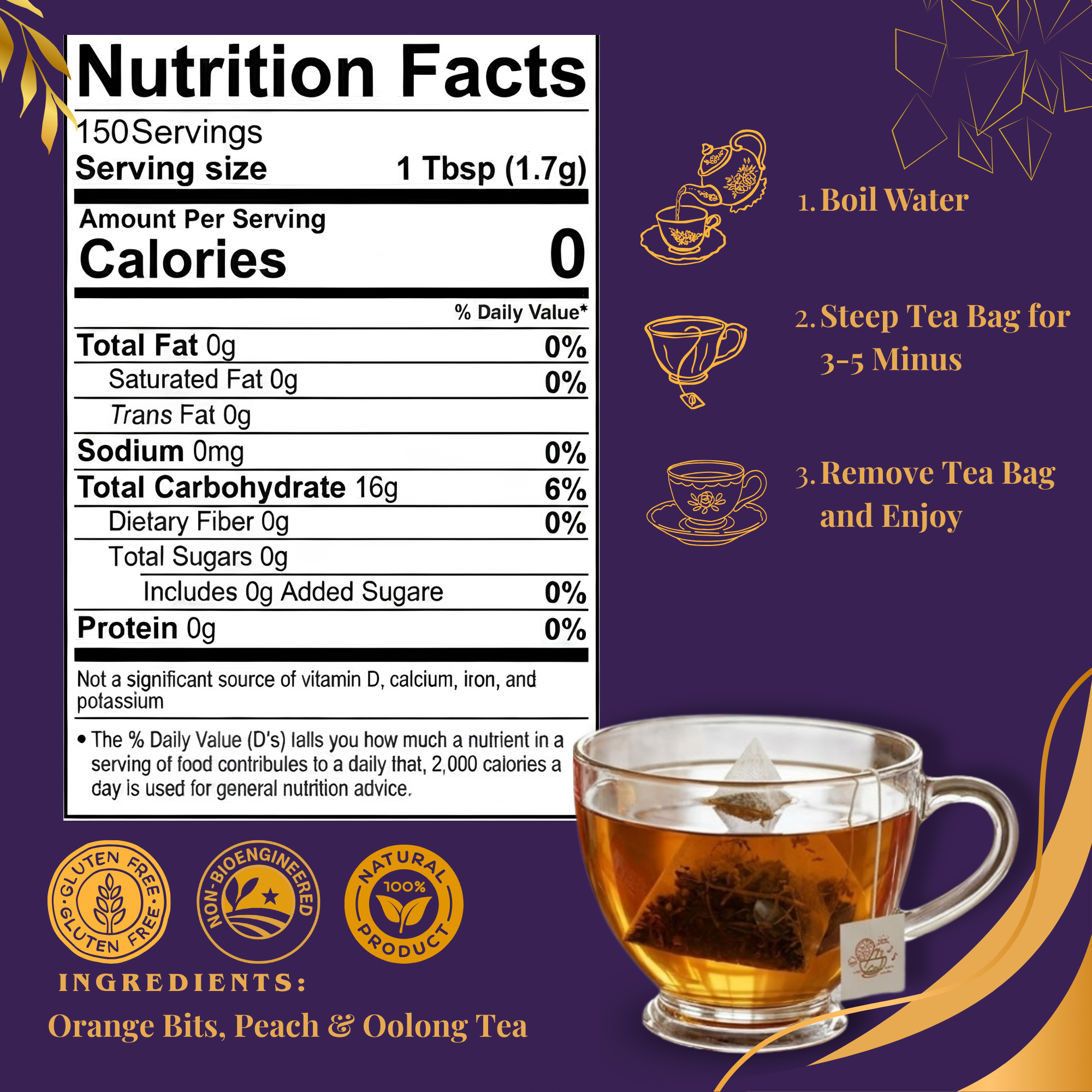 Pride of India Sauvignon Crème Oolong Tea - 150 Individually Wrapped Full Leaf Pyramid Tea Bags | Peach Oolong Tea Bulk Pack for Food Service, Cafes, Hotels, Offices & Daily Tea Drinkers