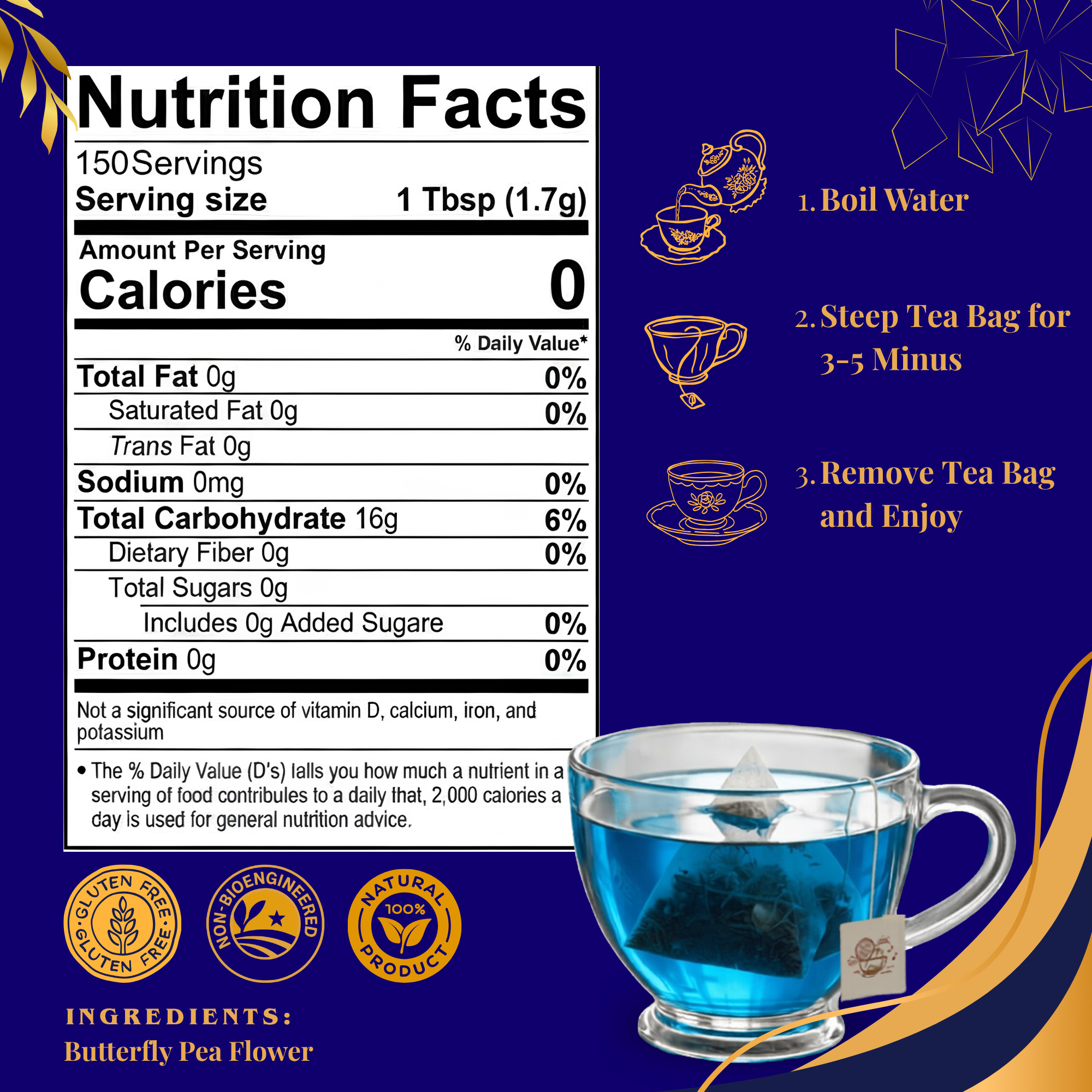 Pride of India Blue Sapphire Herbal Tea - 150 Individually Wrapped Full Leaf Pyramid Tea Bags | Butterfly Pea Flower Tea Bulk Pack for Food Service, Cafes, Hotels, Offices & Daily Tea Drinkers