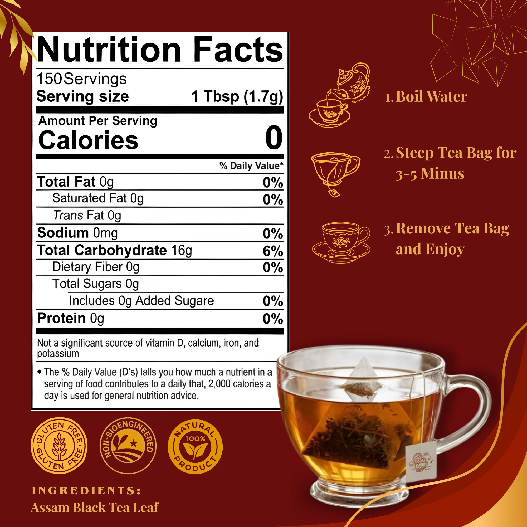 Pride of India Assamese Gold Black Tea - 150 Individually Wrapped Full Leaf Pyramid Tea Bags | Bulk Pack for Food Service, Restaurants, Cafes, Hotels, Offices & Daily Tea Drinkers