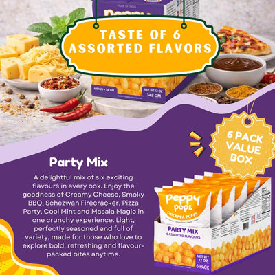 Peppy Pops Chickpea Puffs Party Mix Variety Pack - 6 Pack, 12 oz | 6 Assorted Flavors High Protein Crunchy Snacks | Includes Cheese, BBQ, Schezwan, Pizza, Mint & Masala Flavors | 6g Protein Per Bag