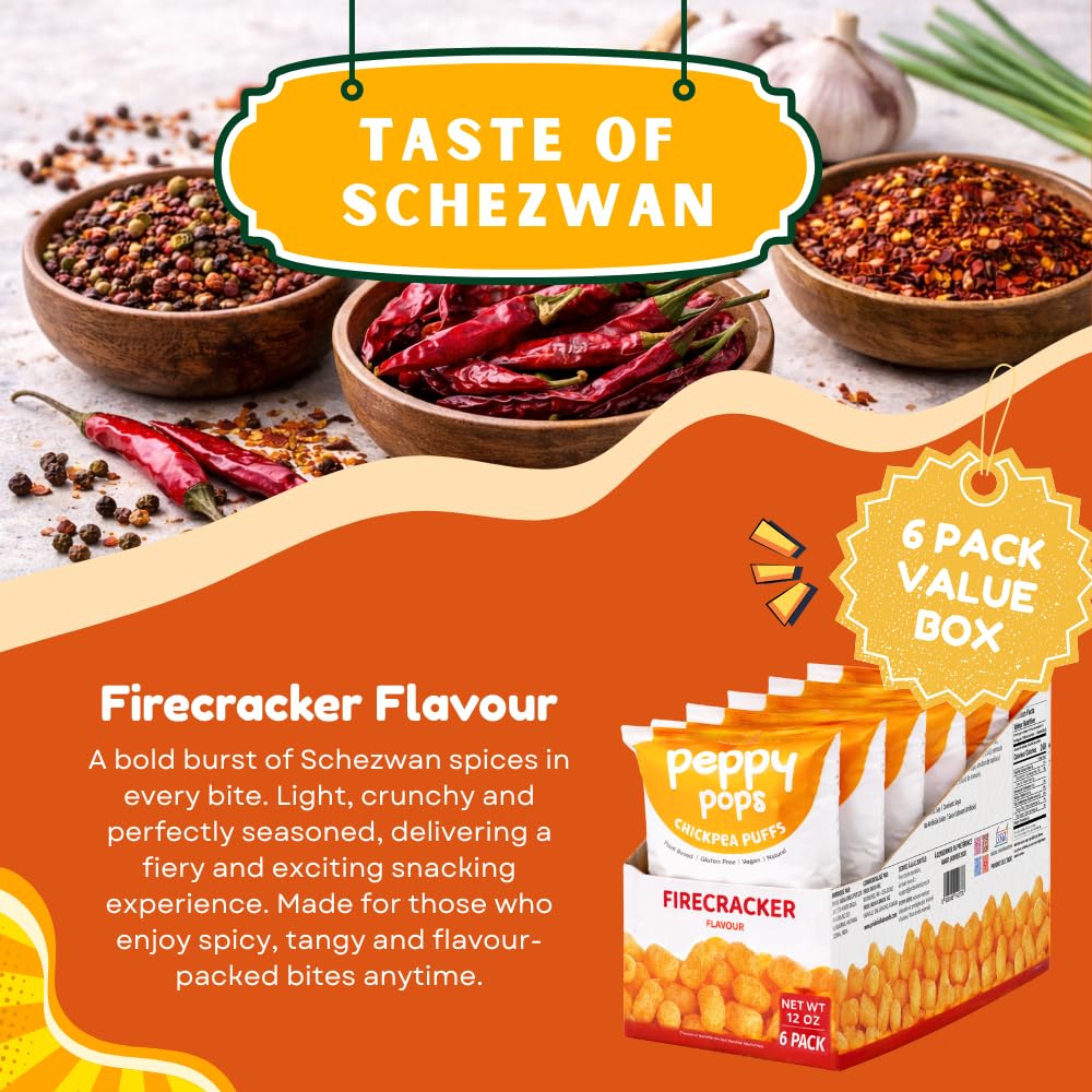 Peppy Pops Chickpea Puffs Firecracker Flavor - 6 Pack, 12 oz | Spicy Schezwan High Protein Snacks | Crunchy Better-for-You Snack and Healthy Alternative to Chips with 6g Protein Per Bag