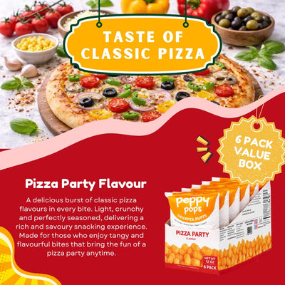 Peppy Pops Chickpea Puffs Pizza Party Flavor - 6 Pack, 12 oz | Classic Pizza Flavored High Protein Snacks | Healthy Alternative to Chips and Better-for-You Crunchy Snack with 6g Protein Per Bag