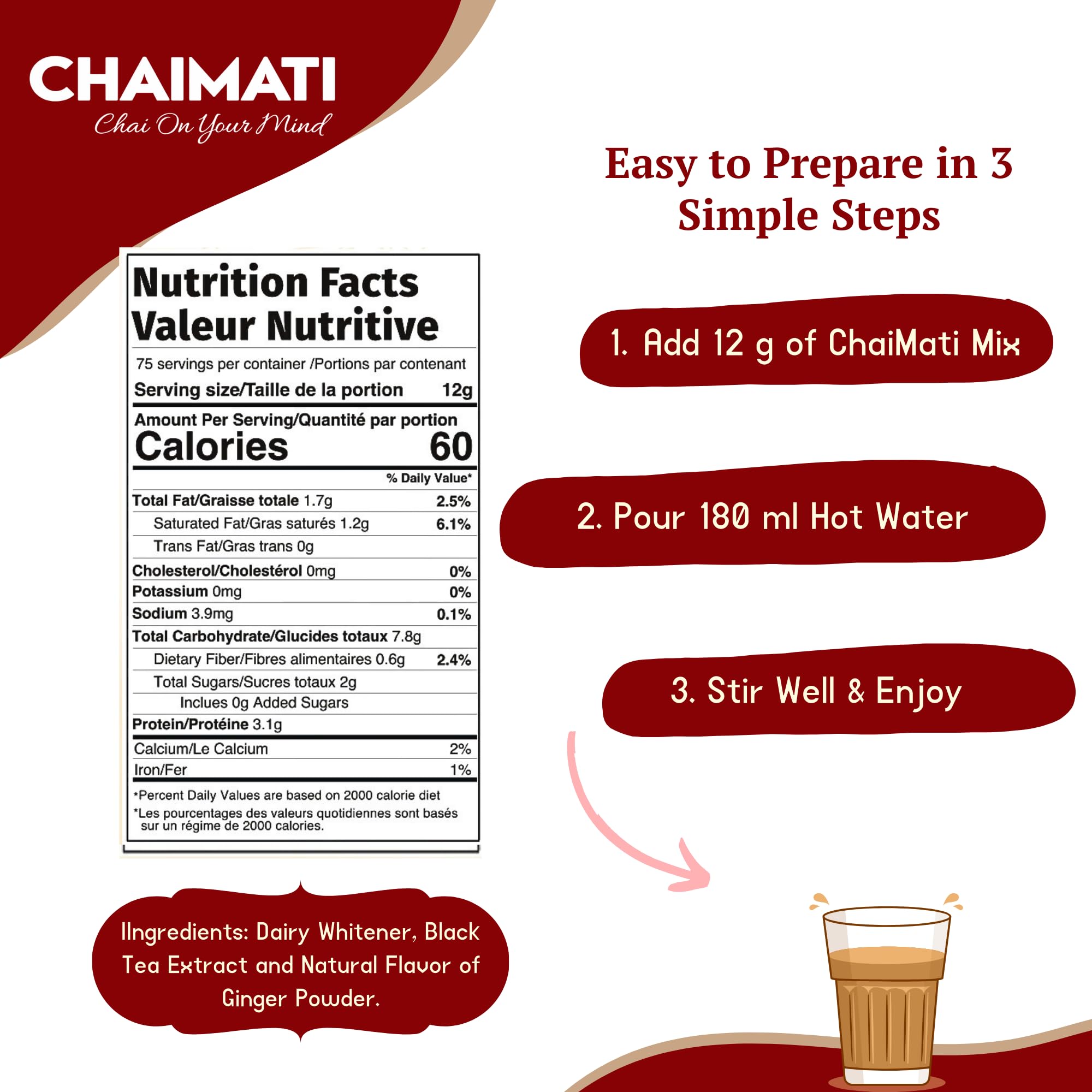 Chaimati Unsweetened Ginger Chai Mix, 2 LB (908 gm) | No Added Sugar, Gluten Free, Dairy Based | Instant Powdered Tea, Makes 75 Cups | Natural Ginger Flavor | Ready in Seconds | Ht or Iced