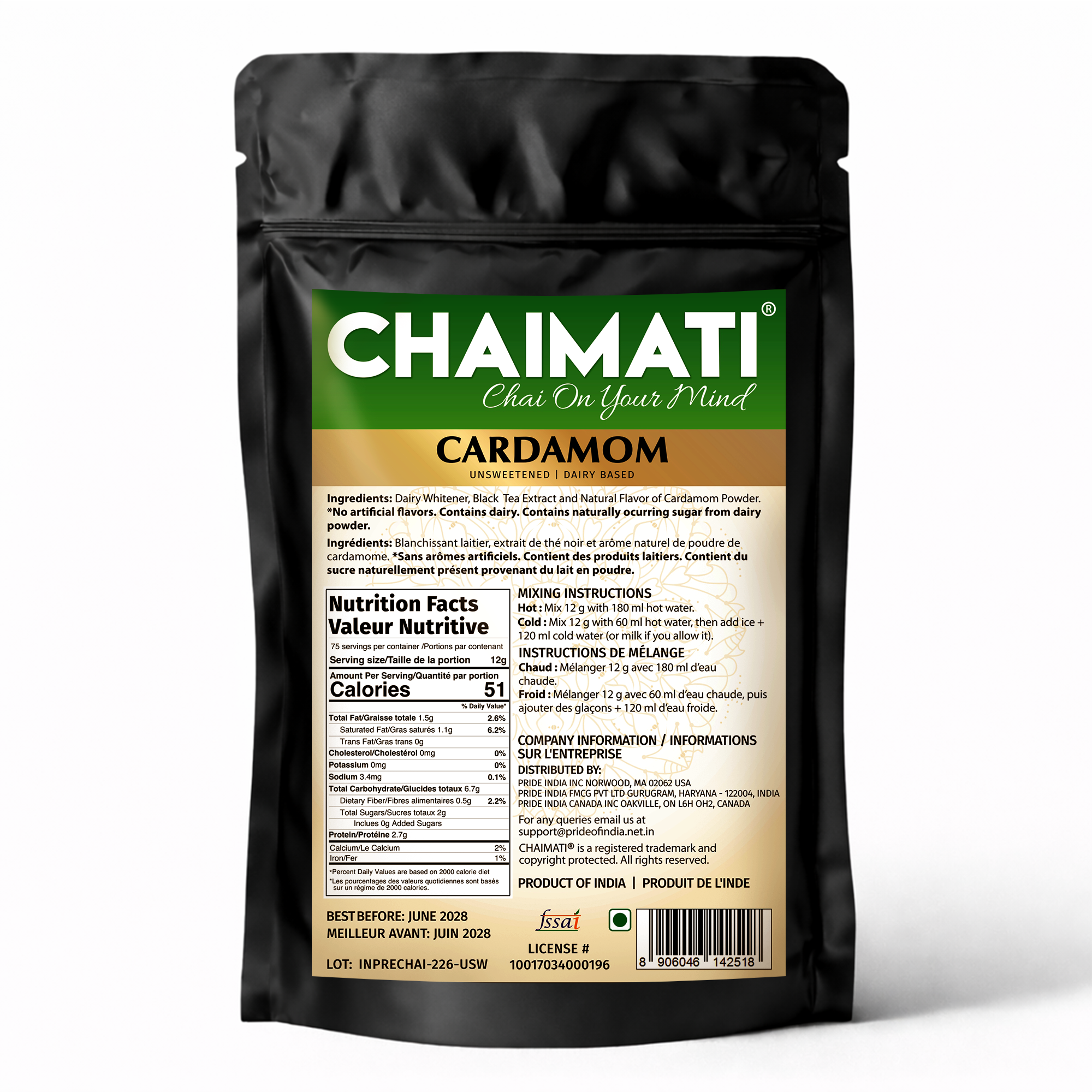 CHAIMATI Unsweetened Instant Cardamom Chai Latte Premix - 2 lb