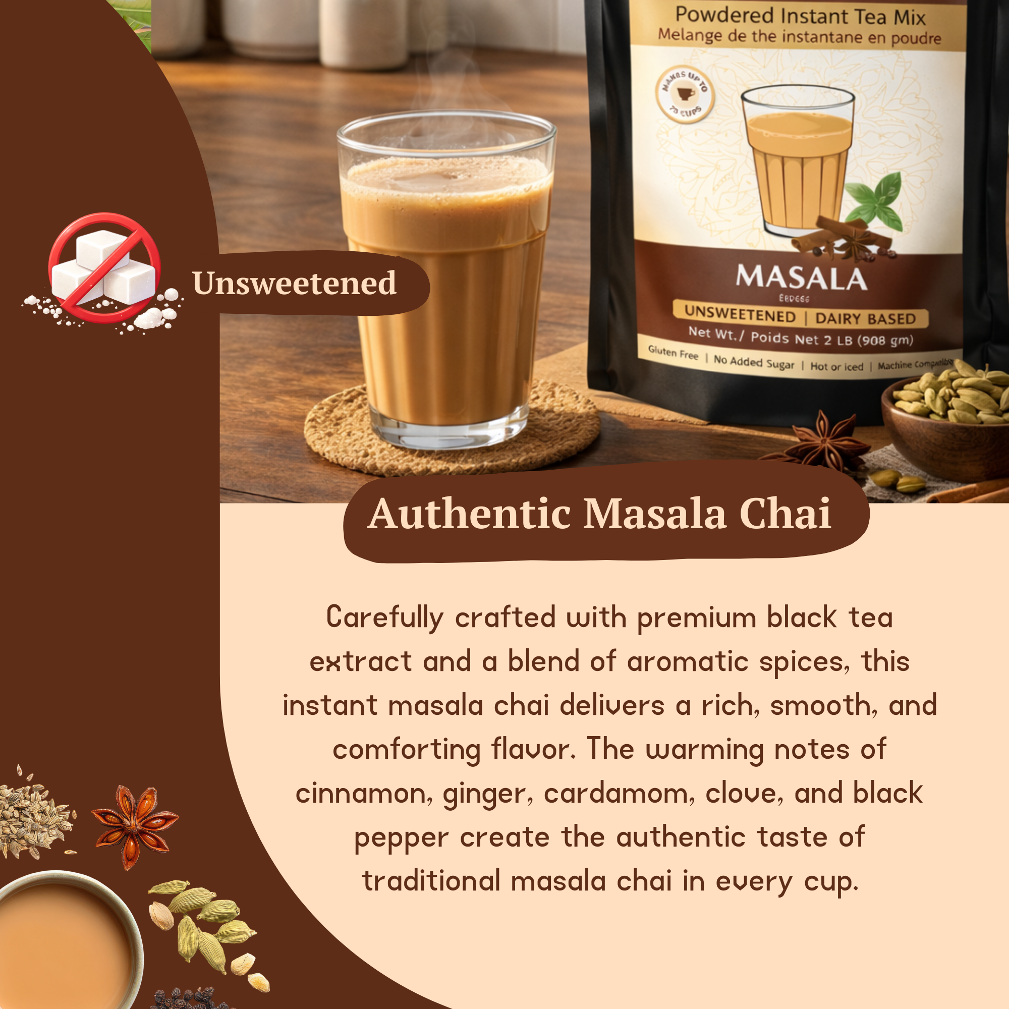 CHAIMATI Unsweetened Instant Masala Chai Latte Premix - 2 lb