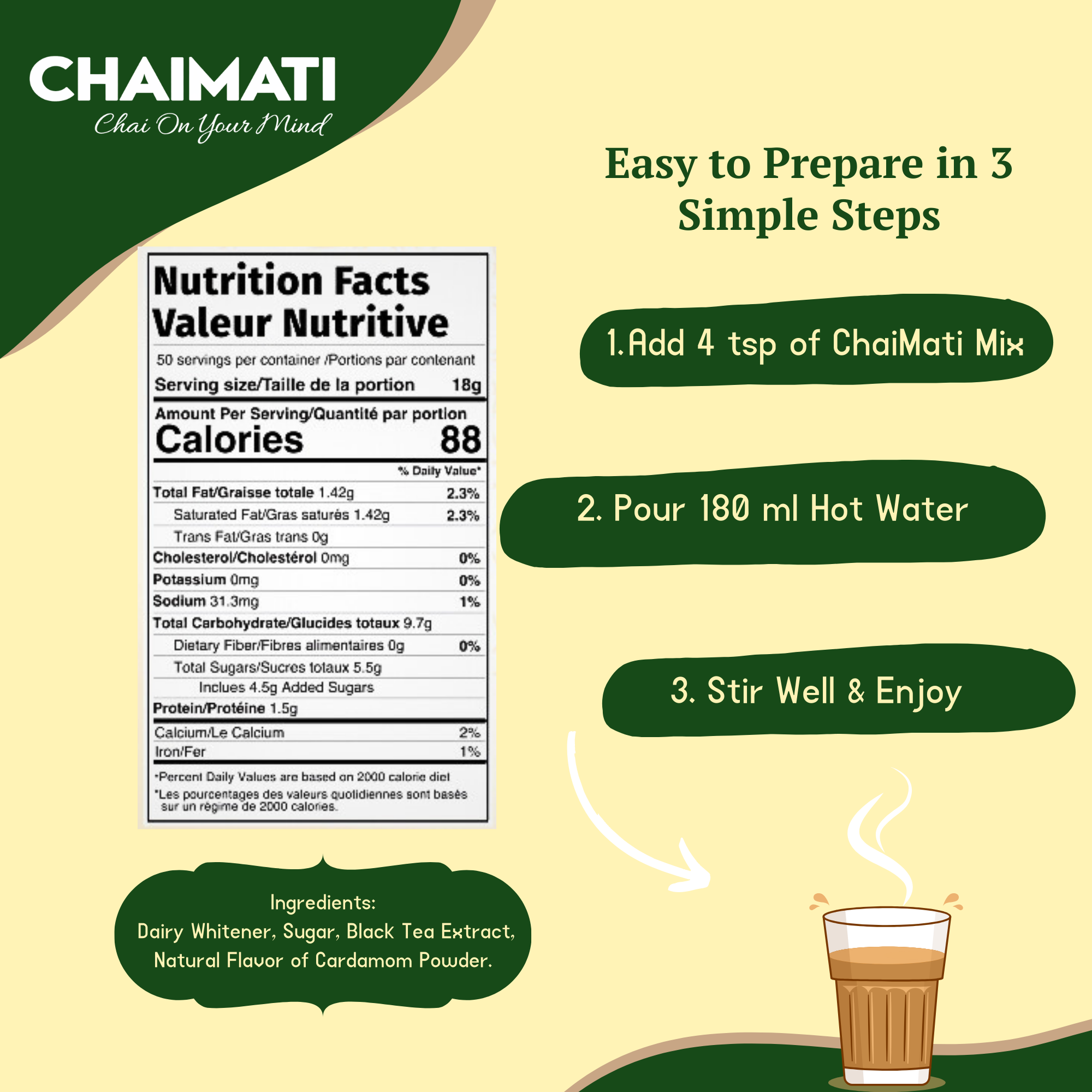 CHAIMATI Sweetened Instant Cardamom Chai Latte Premix - 2 lb