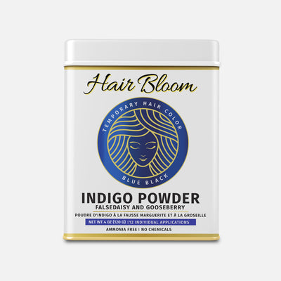 Hair Bloom Natural Blue Black Hair Color- Herbal Indigo w/ False Daisy & Gooseberry Hair Color Powder- 12 individual sachets (10 gm each)- Reusable Brush & Tray Included - Pride Of India