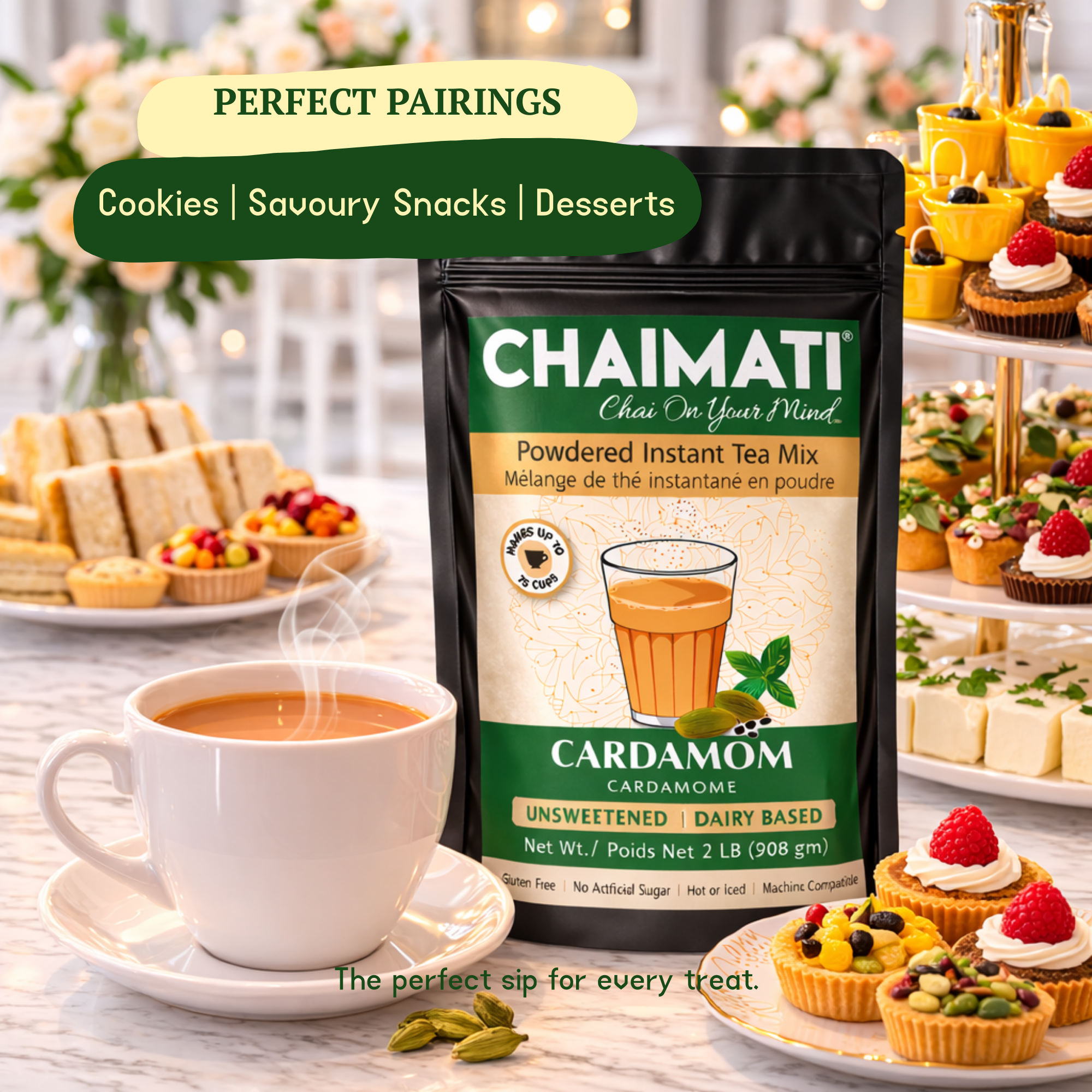 CHAIMATI Unsweetened Instant Cardamom Chai Latte Premix - 2 lb