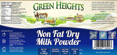 Non Fat Dry Milk Powder - 3 Pounds / 1.36 Kilo Jar by Green Heights - Pride Of India