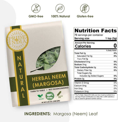 Natural Neem (Margosa) Herb Whole Leaf, 3.53oz (100gm) Pack - Pride Of India