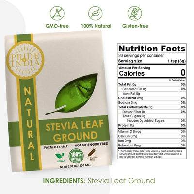 Natural Stevia Leaf Ground, 3.5oz (100gm) Pack - Pride Of India