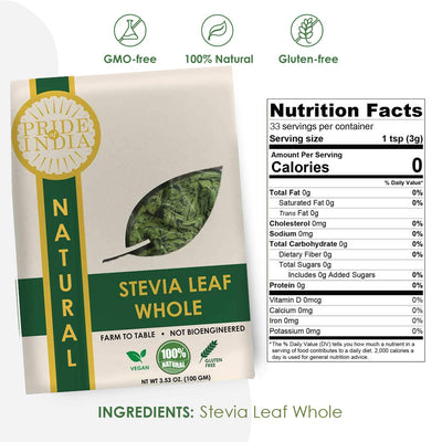 Natural Stevia Leaf Whole, 3.5oz (100gm) Pack - Pride Of India