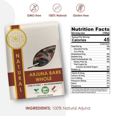 Natural Arjuna Bark Whole, Half Pound (3.53oz - 100gm) Pack - Pride Of India